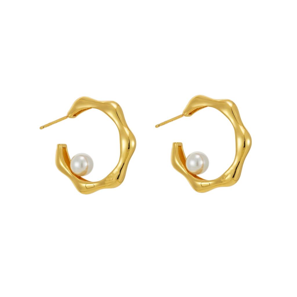 Cercei eleganți vintage în formă de C, placați cu aur de 18K, cu perle și argint sterling 925