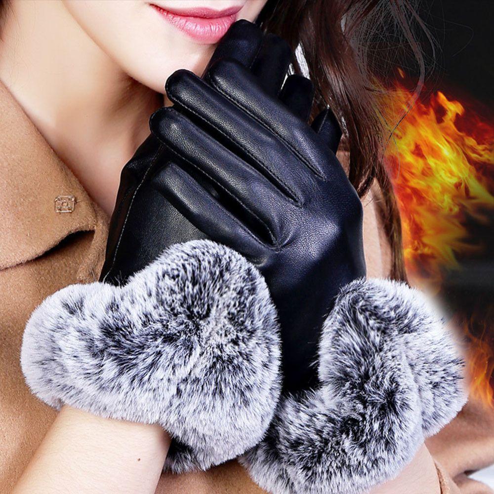Plus Velvet Waterproof Windproof Touch Screen Mittens Faux Fur Gloves Cashmere Gloves PU Leather
