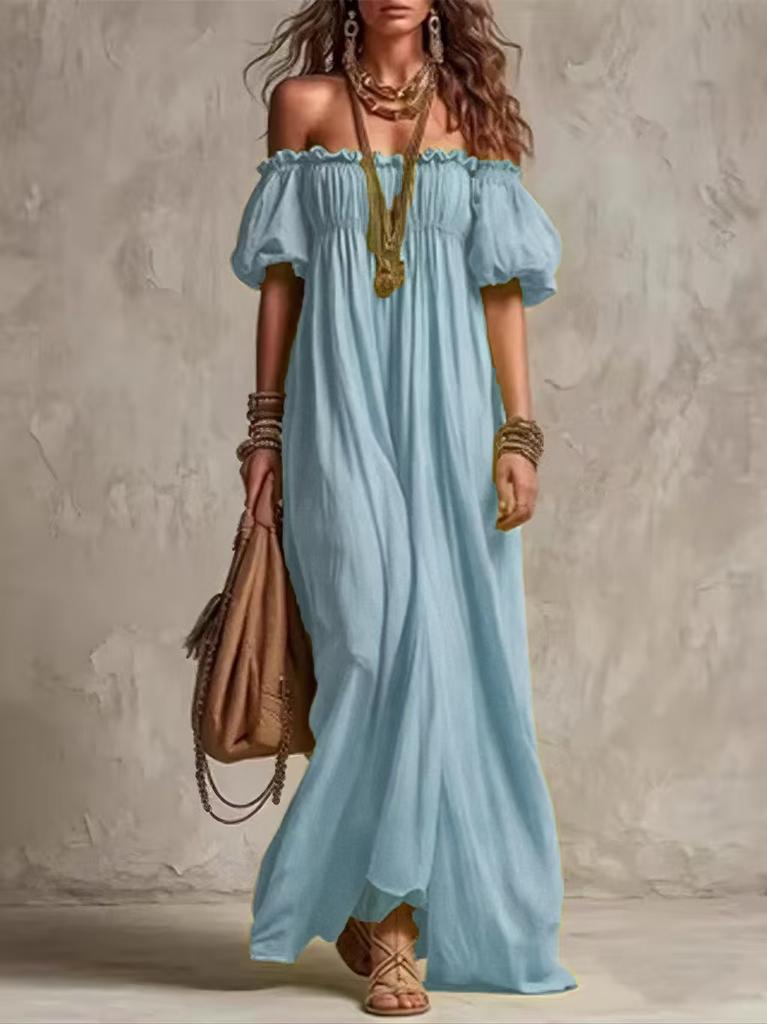 European and American New One-word Shoulder Sexy Cute Backless Lazy Bubble Sleeve Dress Loose and Elegant Long Dress Women