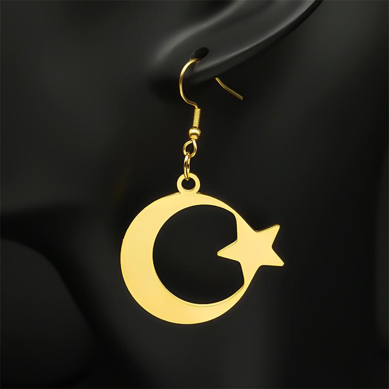 Muslim Islam Moon Star Stainless Steel Hoop Earrings for Women Gold Color Dangle Earrings Amulet Jewelry Party Gift 7615