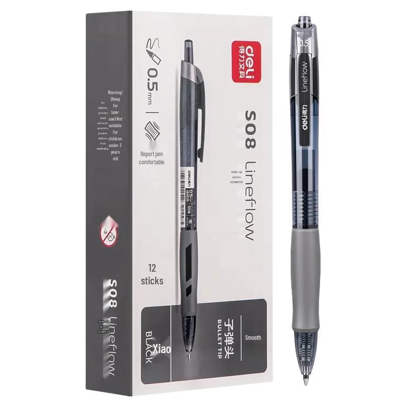 Deli Push-Button Gel Fountain Pen for Students - Exam-Ready, Press-Type, Bullet Tip, Carbon Black, Water-Based Sign Pen.