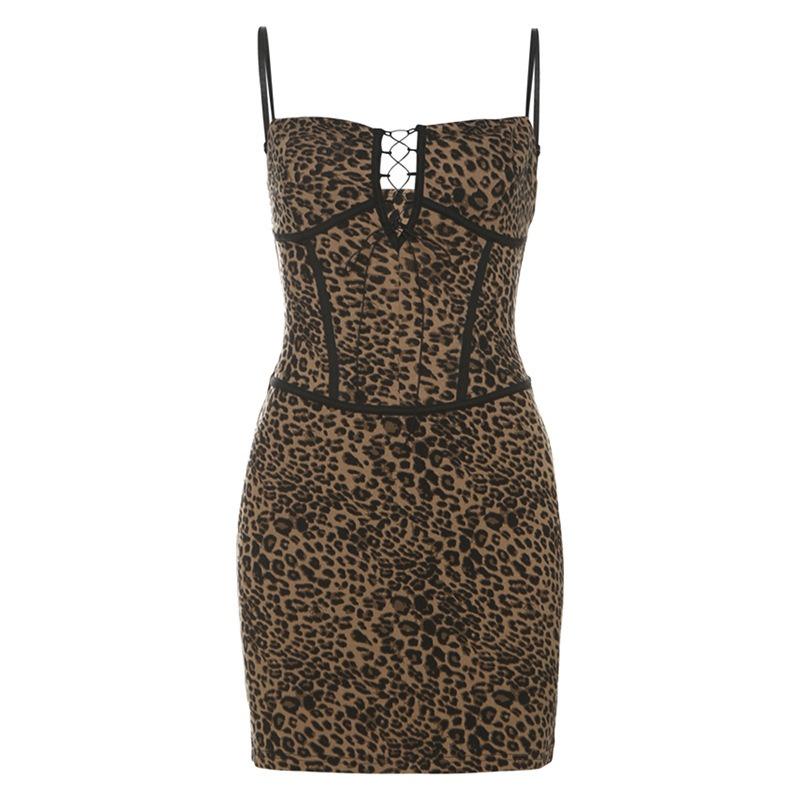 Women's Leopard Print Sexy Spice One Shoulder Hollowed-out Slim-fit Wrap Buttock Dress
