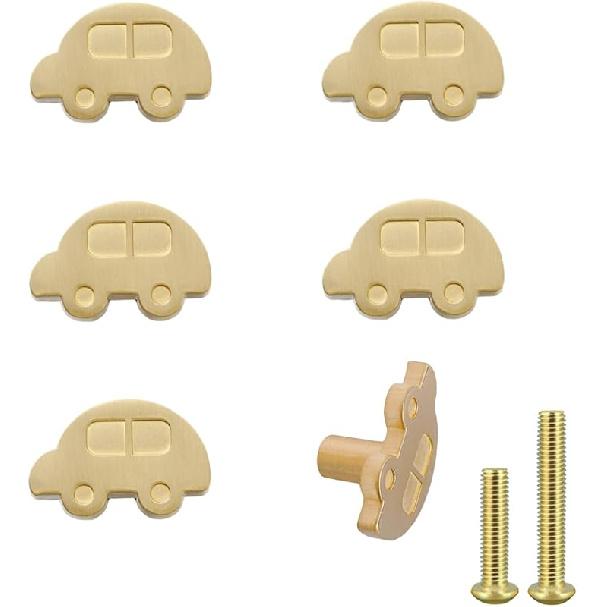 6pack Brass Knobs for Kids, Car Shape Pulls for Nusery Room, Cute Decorative Handles for Boys and Girls (Bear)