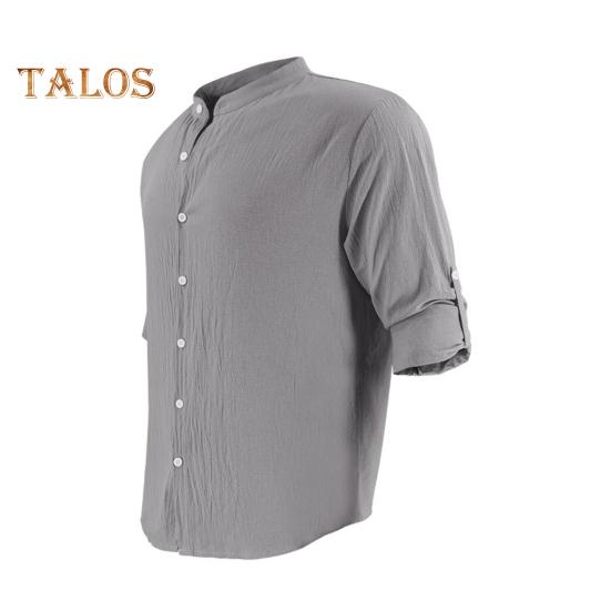 Men Cotton Shirt Long Sleeve Button Down Solid Color Shirt Henry Collar Casual Top with Adjustable Sleeves for Daily Wear Beach Vacation