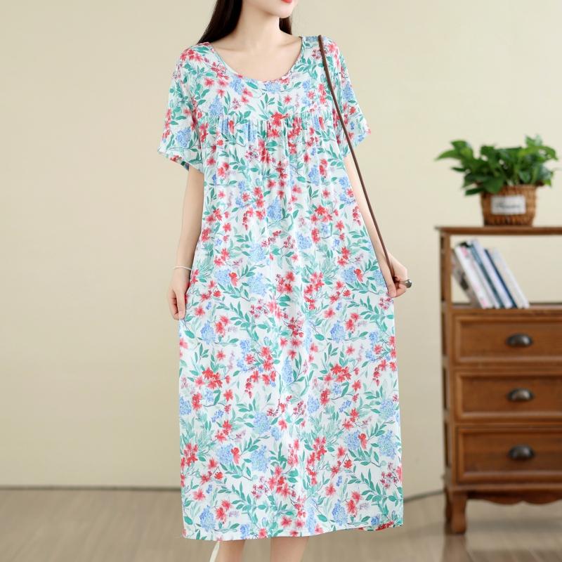 DIMANAF New 2026 Summer Women Plus Size Vintage Lady Long Dress Floral Print Beach sundress Loose Oversize Cotton