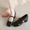 Elegant Woman Heeled Shoes Spring Autumn Belt Buckle Patent Leather Pumps Fashion Square Toe Solid Thick Middle Heels Dress Shoe