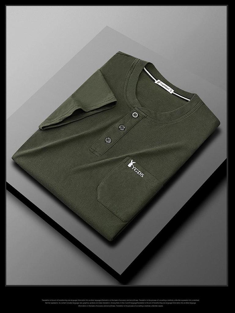Dad's Monk Collar Short-Sleeve Cotton T-Shirt with Pockets - Loose Fit for Middle-Aged Men, Perfect for Summer