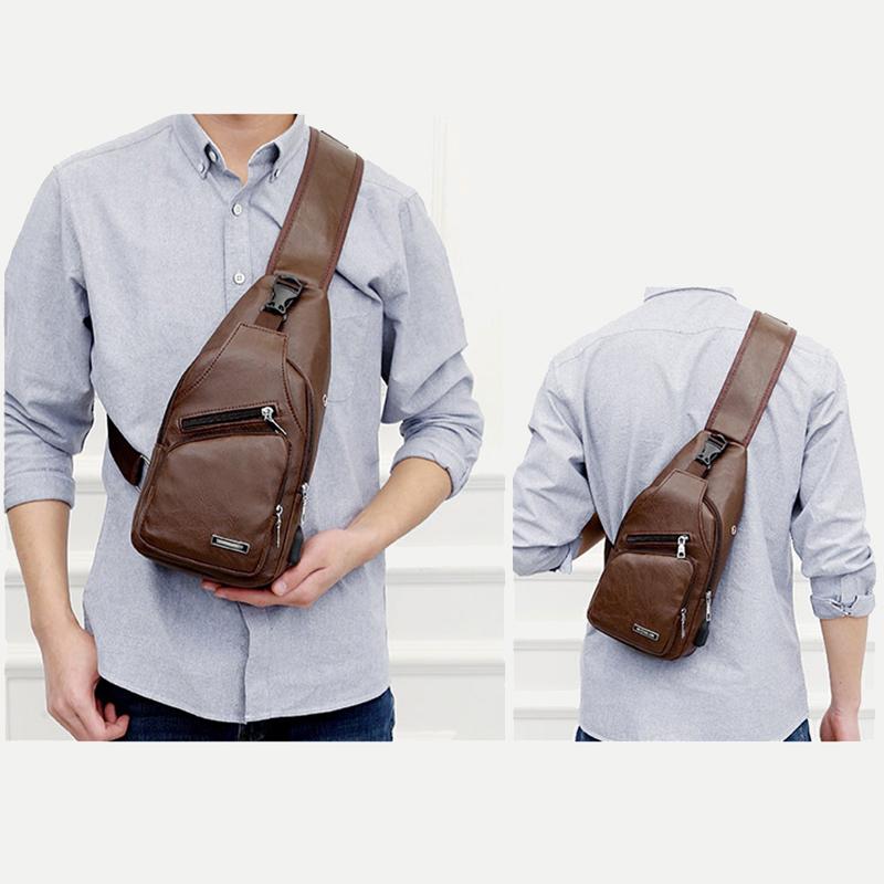 Vintage Men Fashion Shoulder Chest Bags USB Charging Leather Messenger Travel Packs Wallet