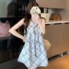 French Contrast Color Plaid Navy Neck Sleeveless Vest Dress Women's Summer Small Loose Age Reduction Casual Short Skirt