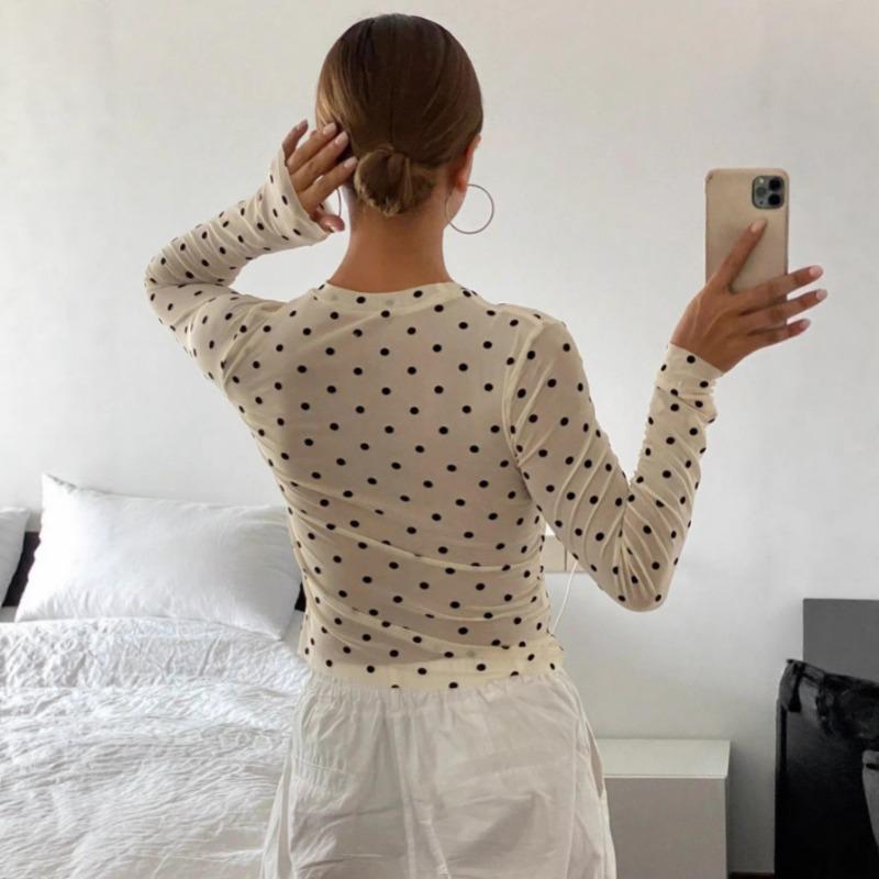 Fashion Long Sleeve Polka Dots Women Blouse Slim Fit Elegant Sweet Shirts Ladies Spring Autumn Thin Short Tops Basic Office O Neck Casual T-shirt