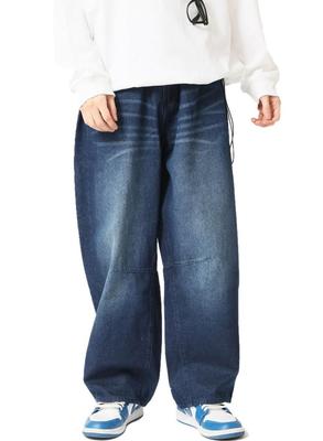 Wide Leg Denim Barrel Leg Elastic Navy Men's Pants, Jeans, Waist, Large,