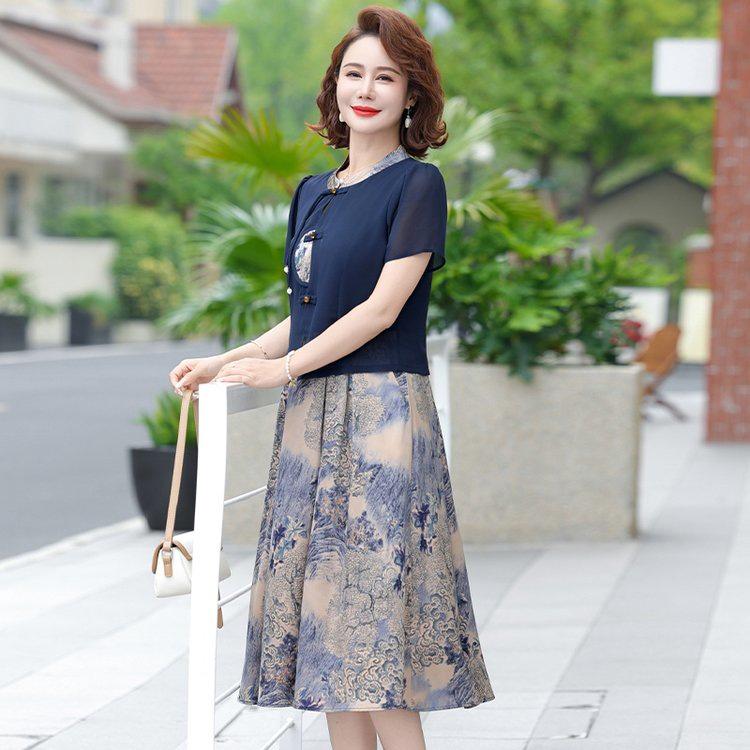 Robe élégante à manches courtes pour femmes d'âge moyen et âgées - Nouveau style chinois et national, Été, Coupe ample, Option grande taille