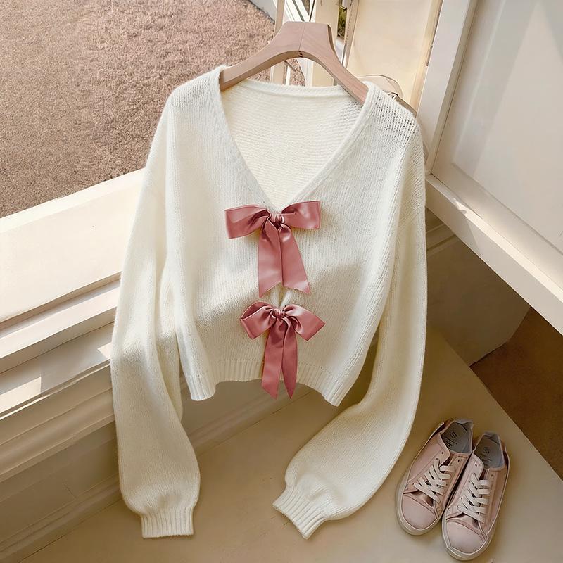 2025 Trendy Autumn/Winter V-Neck Long Sleeve Bowknot Cardigan for Women