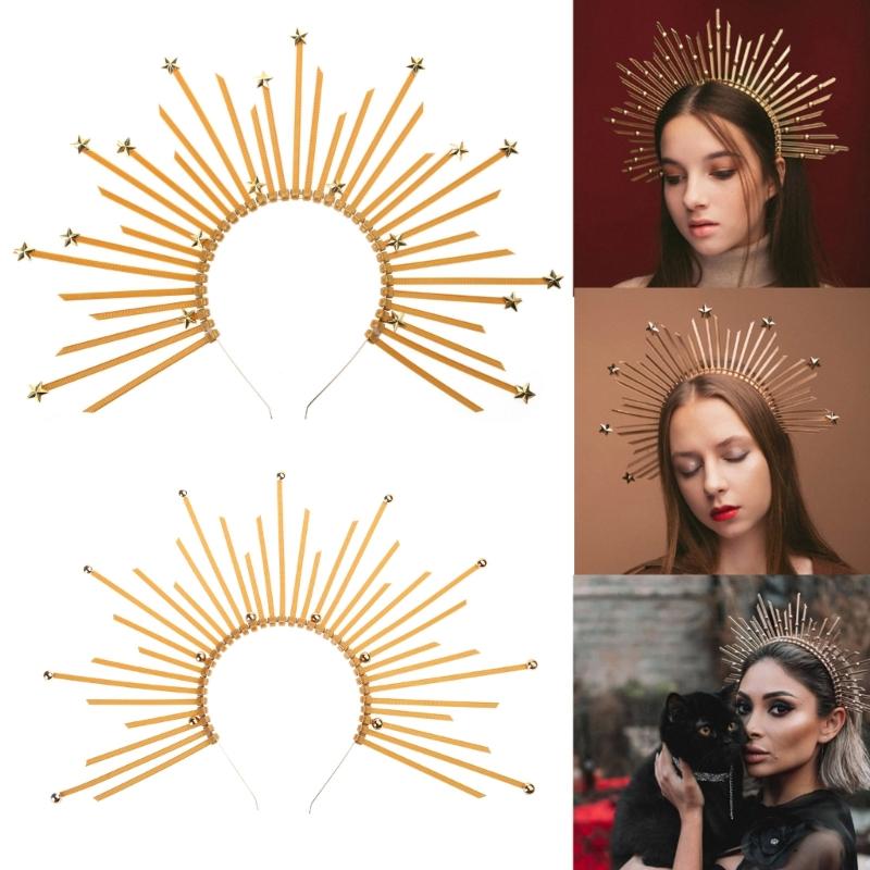Round Five-pointed Star Head Buckle Hairband Funny Exaggerated Gold Crowns Halloween Witch Dress Hair Accessories