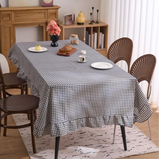 Retro Plaid Ruffle Tablecloth Cotton Linen Farmhouse Table Cover Rustic Machine Washable Tablecloth for Dining Room Garden Party Wedding Baby Shower