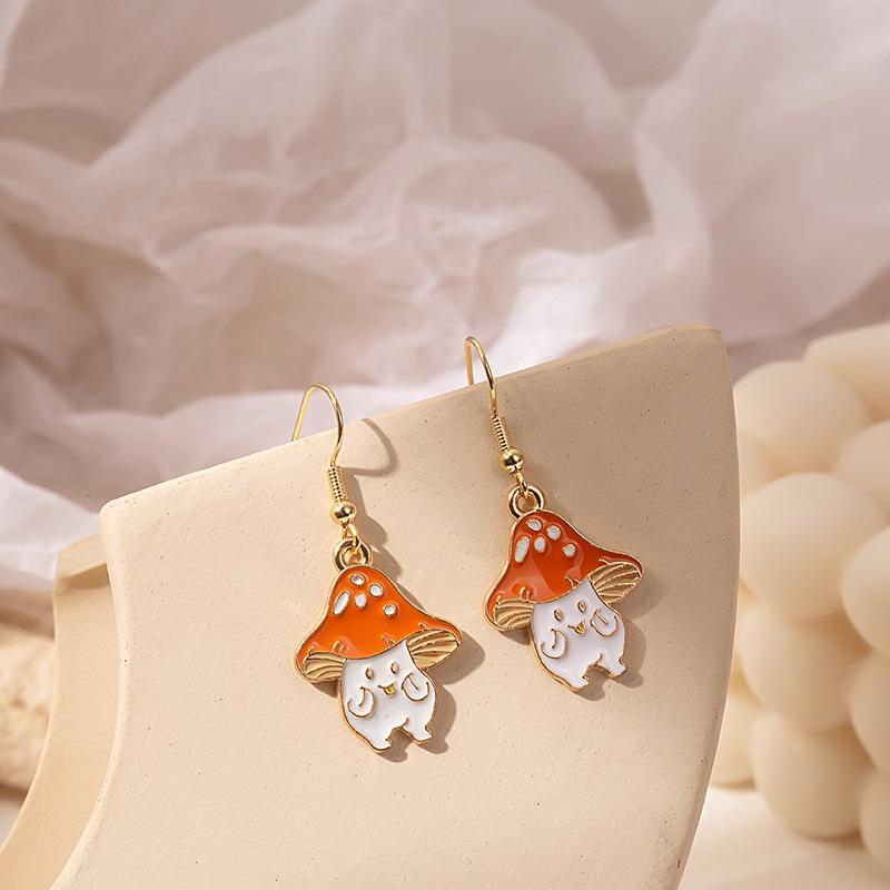 Fun Cartoon Asymmetrical Oil Drop Earrings, Guochao Panda Animal Fruit Earrings, Cute Mushroom Leaf Earrings