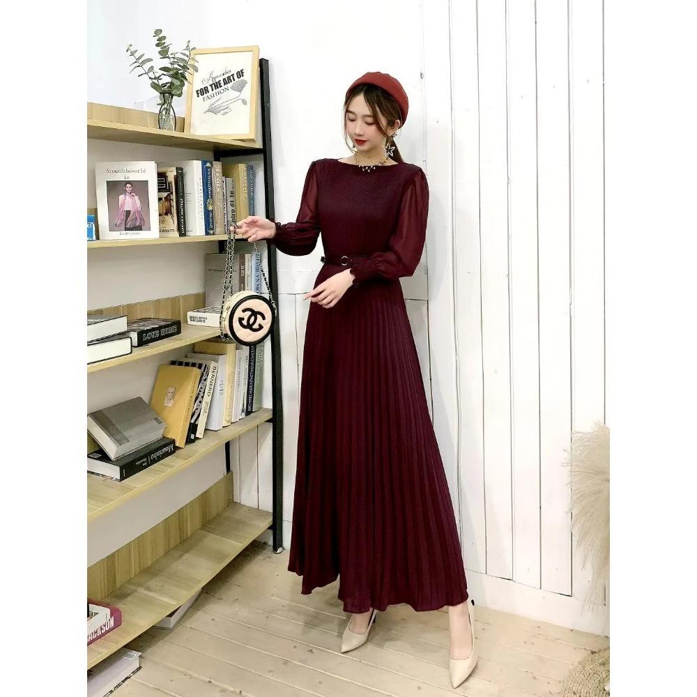 Women Slim Pleated Maxi Dress with Belt Female Streetwear Vintage Dress Tie Front Dress  Robe