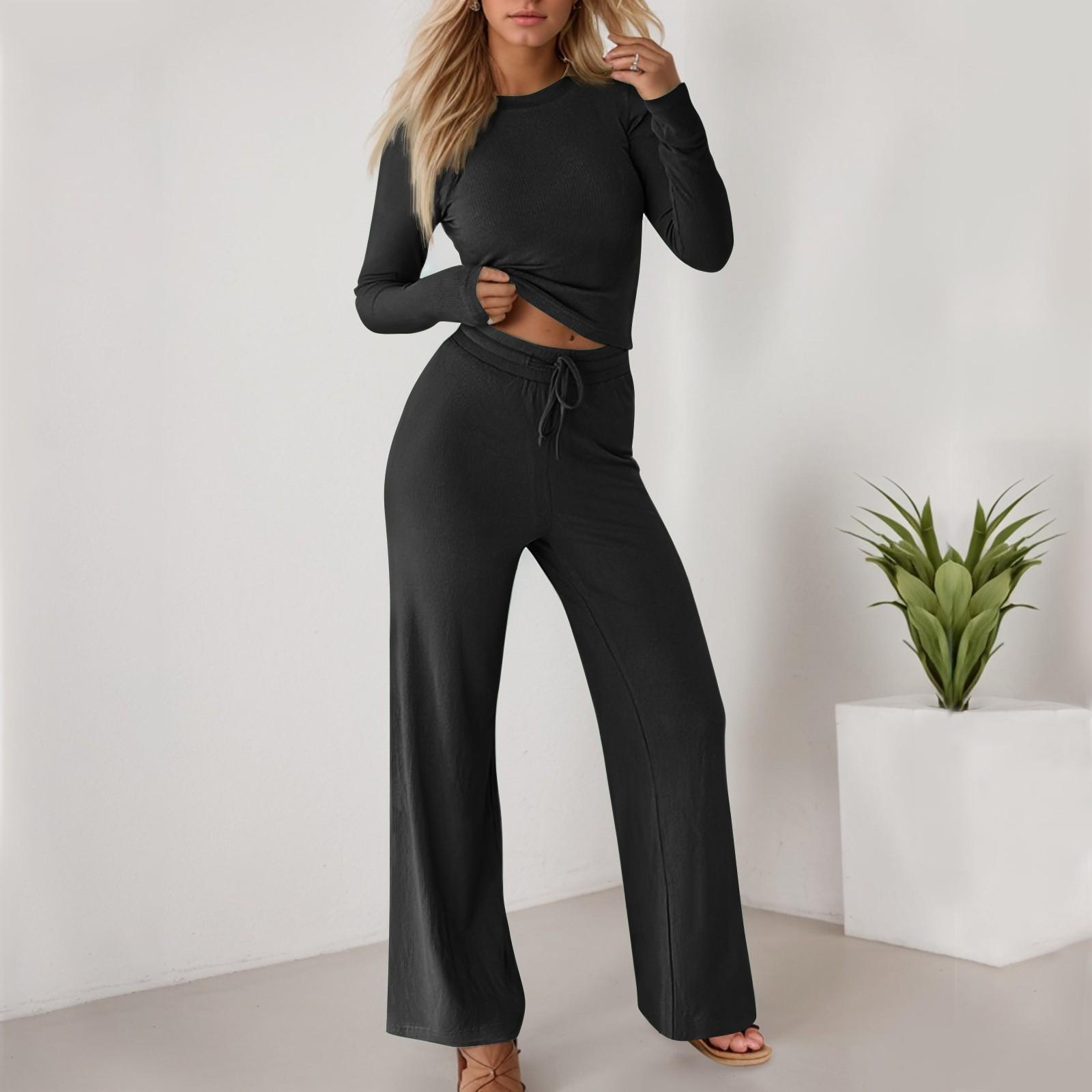 

Женская спортивная одежда, повседневный короткий топ, длинные брюки, однотонный комплект из двух предметов, комплект с длинными рукавами L чёрный