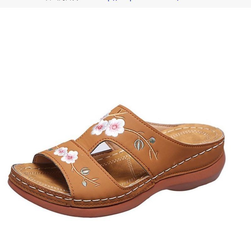 Foreign trade large size one-character slippers women's summer Roman shoes slope heel platform sandals embroidered flower women's cool slippers