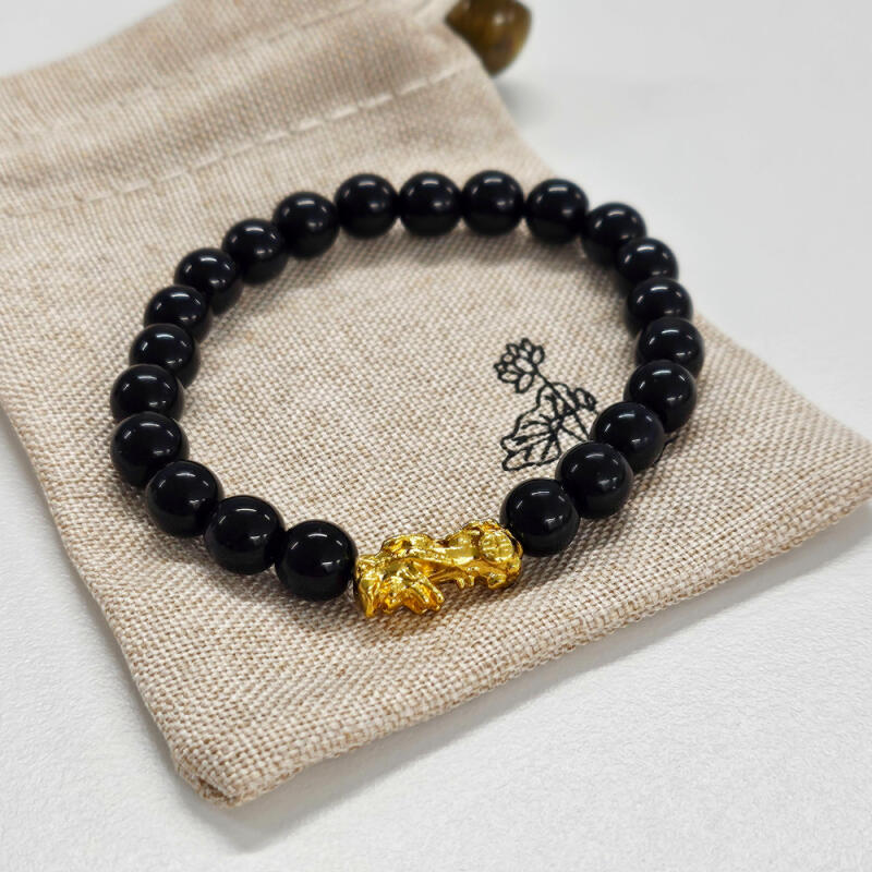 Obsidian Bihu Prayer Beads Wealth Bracelet with 8mm Pouch