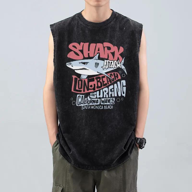 Retro Loose and Old Washed Sleeveless Trendy Brand Sports Pure Cotton Vest Men's T-shirt Summer