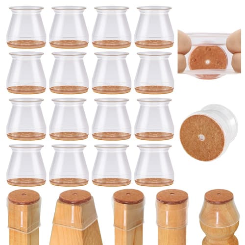 VIUME Chair Leg Covers, Silicone, Clear, Noise and Scratch Prevention, Felt Sheets with Refills, Compatible with Round and Square Legs, Set of 16 (Cle