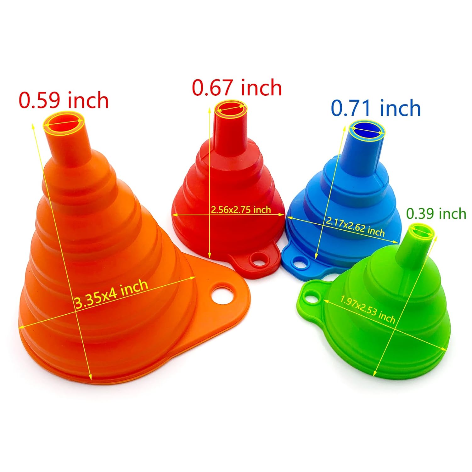4-Pack Foldable Kitchen Funnels | Small + Large Silicone Funnels for Cooking, Bottles, Oils | Non-Slip & Easy Clean (Dishwasher Safe)