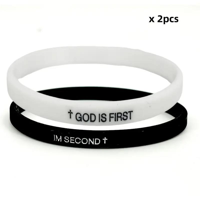 Mens Black White Silicone Bracelets GOD IS FIRST IM SECOND Cross Symbol Durable Minimalist Spiritual Wristbands For Men Gift