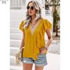 DX~~Short Sleeved Shirt Women's Summer Style Commuting V-neck Ruffle Top