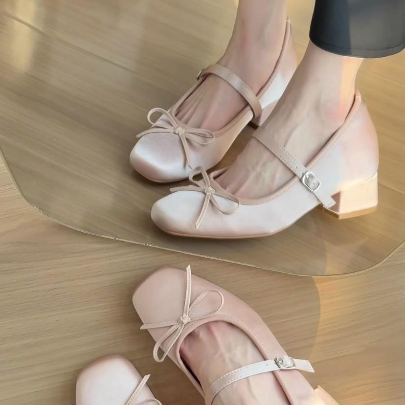 Blue Cabinet Heightening Pink Satin Bow High Heel Mary Jane Shoes Women's Thick Heel Soft Sole Versatile Ballet Single Shoes Women