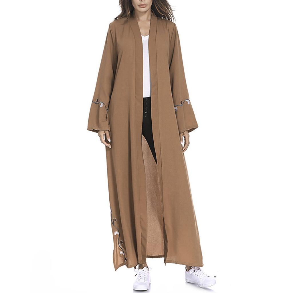 Muslim Women Islamic Embroidered Cardigan Long Coat Middle Long Robe