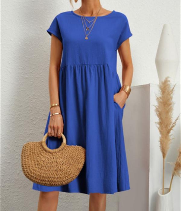 Übergröße Baumwolle Leinen Kleid für Damen Sommer Casual Splicing Taschen Kleider Weiblich Kurzarm Locker Midi Kleider