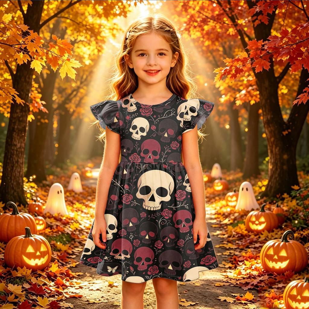 Girls Halloween Print Dress Casual Sleeve Party Dress for Children Holiday Outfit