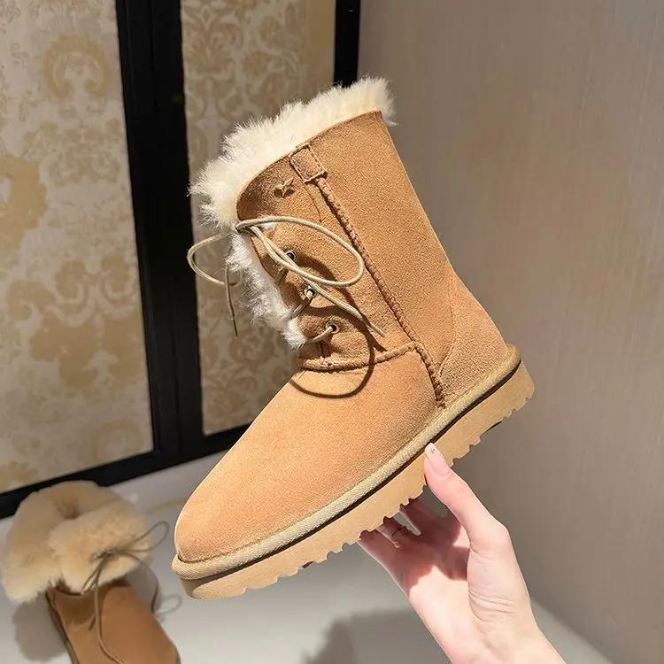 Fashion New Retro Winter Cow Suede Warm Snow Boots Handmade Women's Cute Round Head Thick Bottom with Suede Warm Cotton Boots Size 40