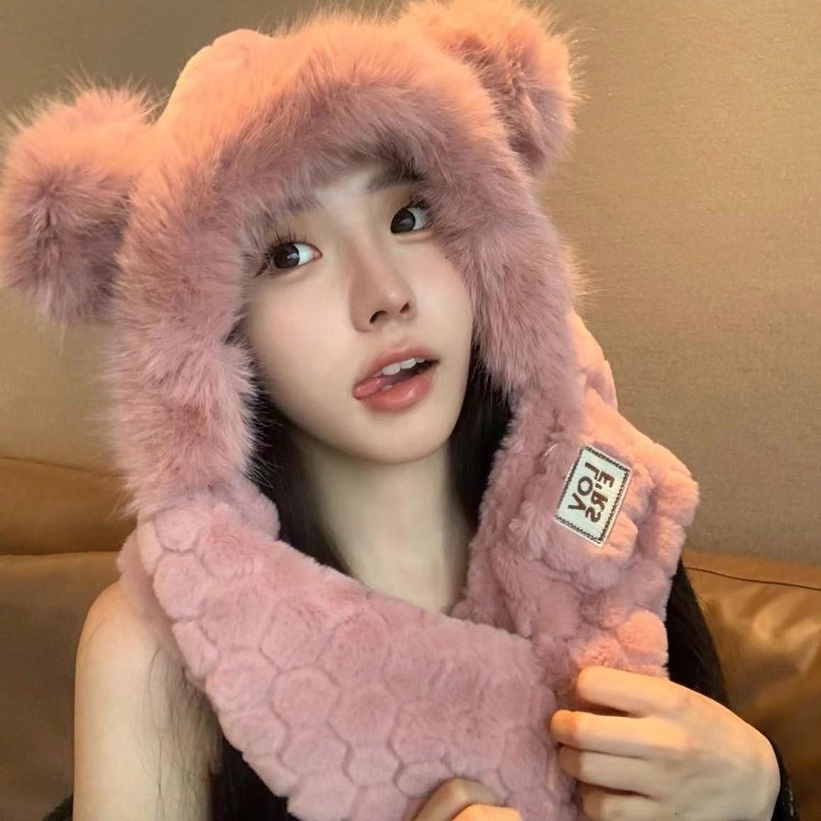 

Winter new female starry sky bear ears plush hat student scarf integrated cycling thickened warm scarf cap