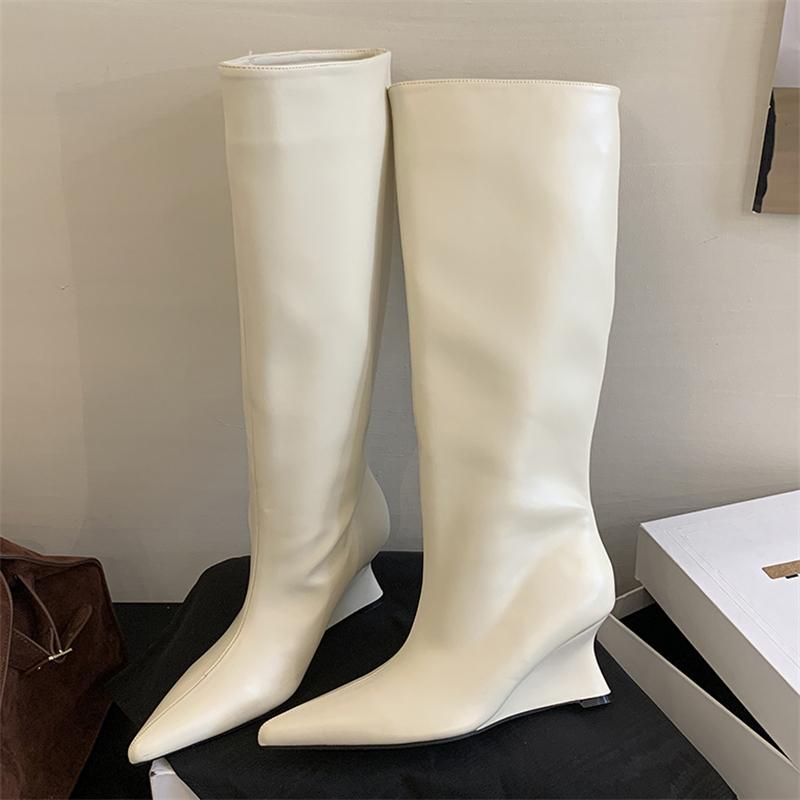 Eilyken Winter Designer Soft Leather Wedges Low Heels Women Knee High Boots Fashion Pointed Toe Long Booties Botines De Mujer