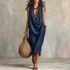 Women Casual Loose Cowl Neck Sleeveless Solid Color Long Swing Vacation Dress