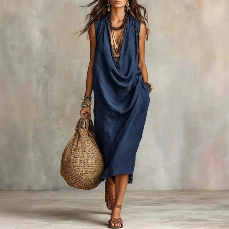 Women Casual Loose Cowl Neck Sleeveless Solid Color Long Swing Vacation Dress