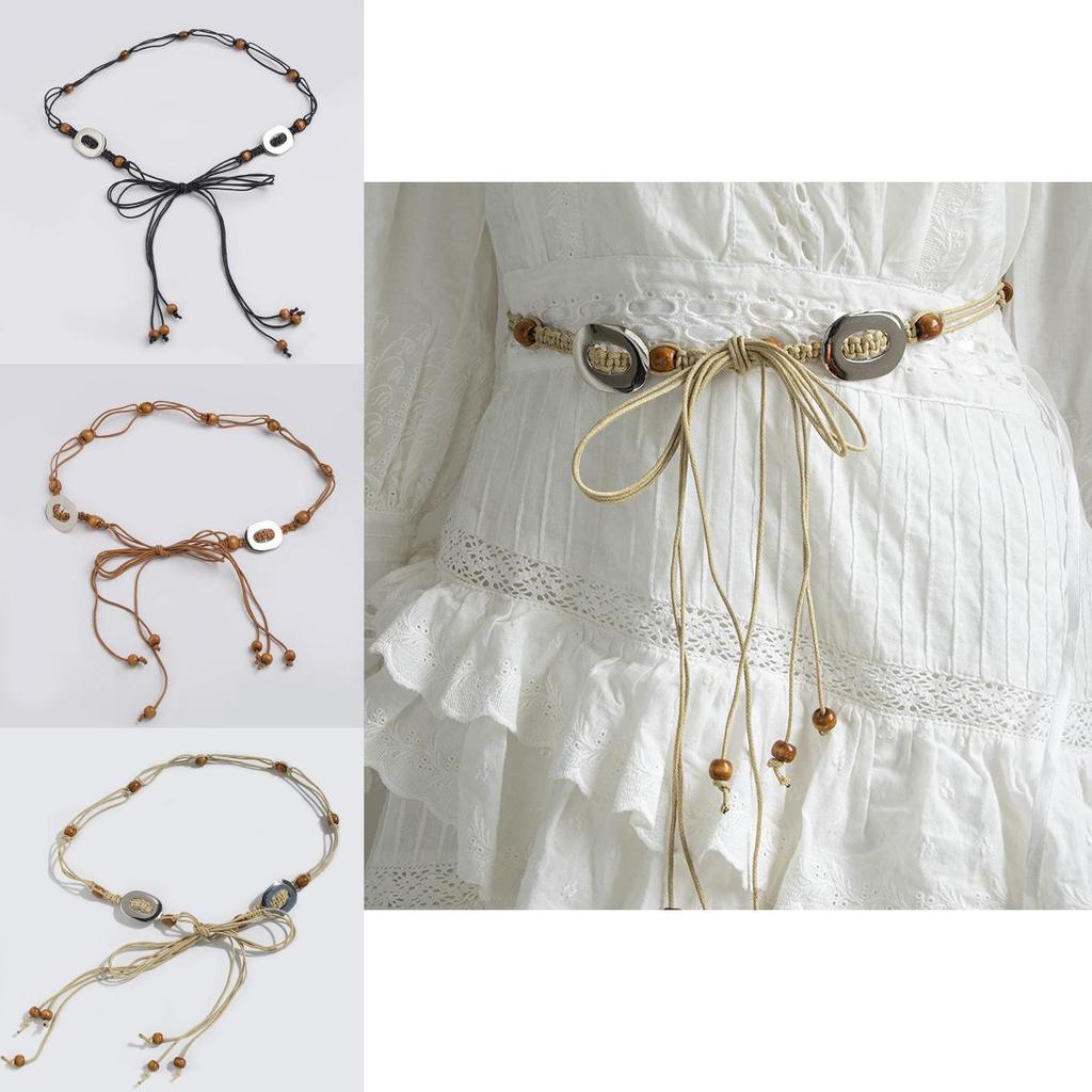 Ethnic Woven Waist Tie With Wooden Beads For Boho Chic Summer Dresses And Casual Looks