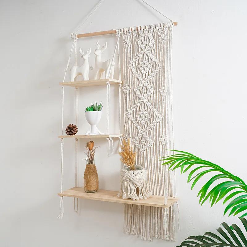 Boho Macrame Wall Hanging Shelf 3 Tier Handmade Weven Wood Organizer Półki Ścienne Pływający Wieszak Na Rośliny Do Wystroju Domu