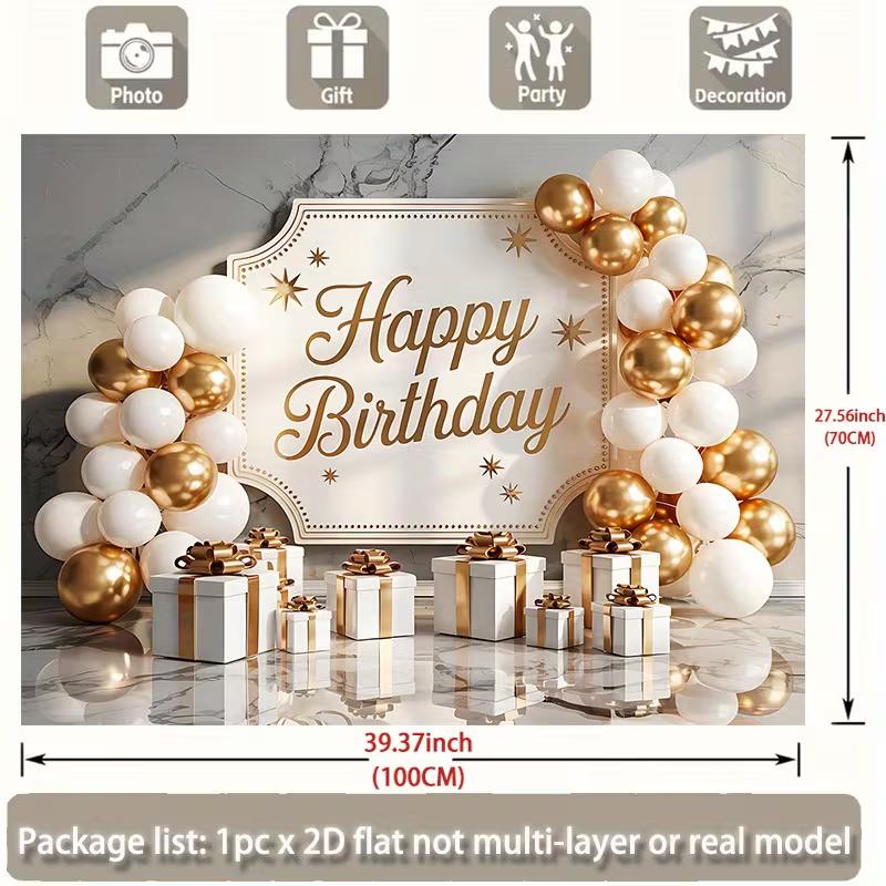 2D "Happy Birthday" Backdrop with White Gold Balloons, Gifts & Marble Background
