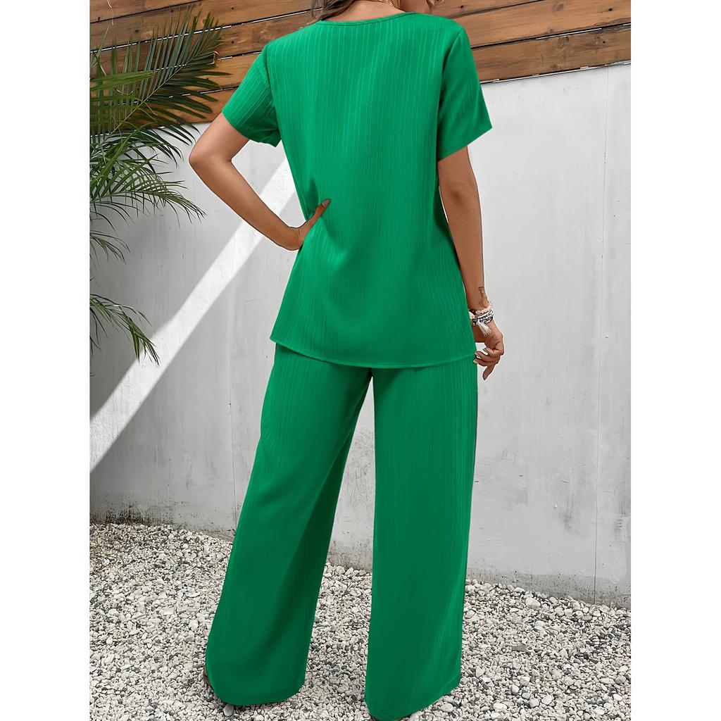 Casual Solid Suit Women Ashion Round Neck Short Sleeve Irregular Split Top Elastic Waist Trousers Two Piece Set