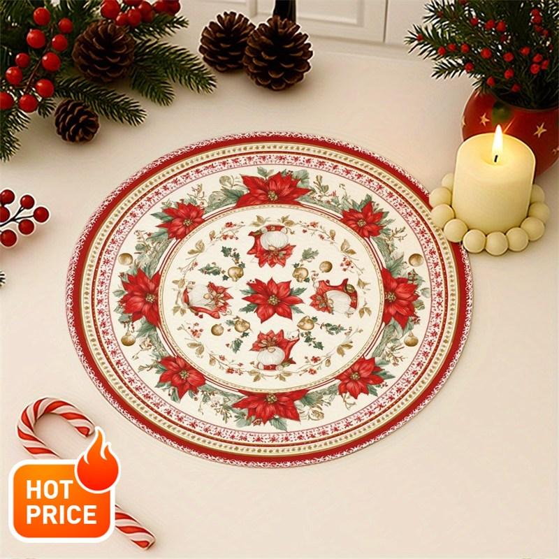 Linen Oval Placemats, Holly Berry Pinecone Bow, Washable Stain Resistant Easy Clean, Christmas Table Decor