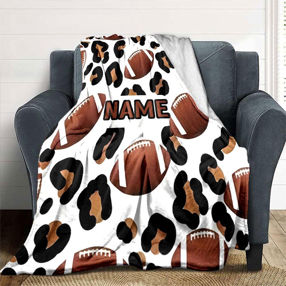 Leopard Print Football Pattern With Space Cozy Personalized Blanket Customize Your Name Comfortable Texture Perfect For Sofa Couch Office Bed Picnics