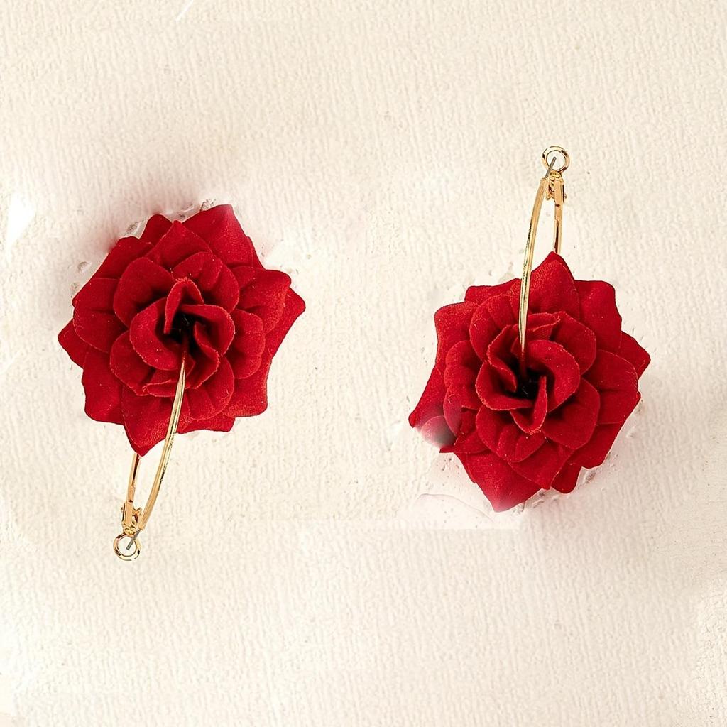 Big Red Rose Hoop Earrings Exquisite Elegant Gentle Vacation Daily Travel Earrings