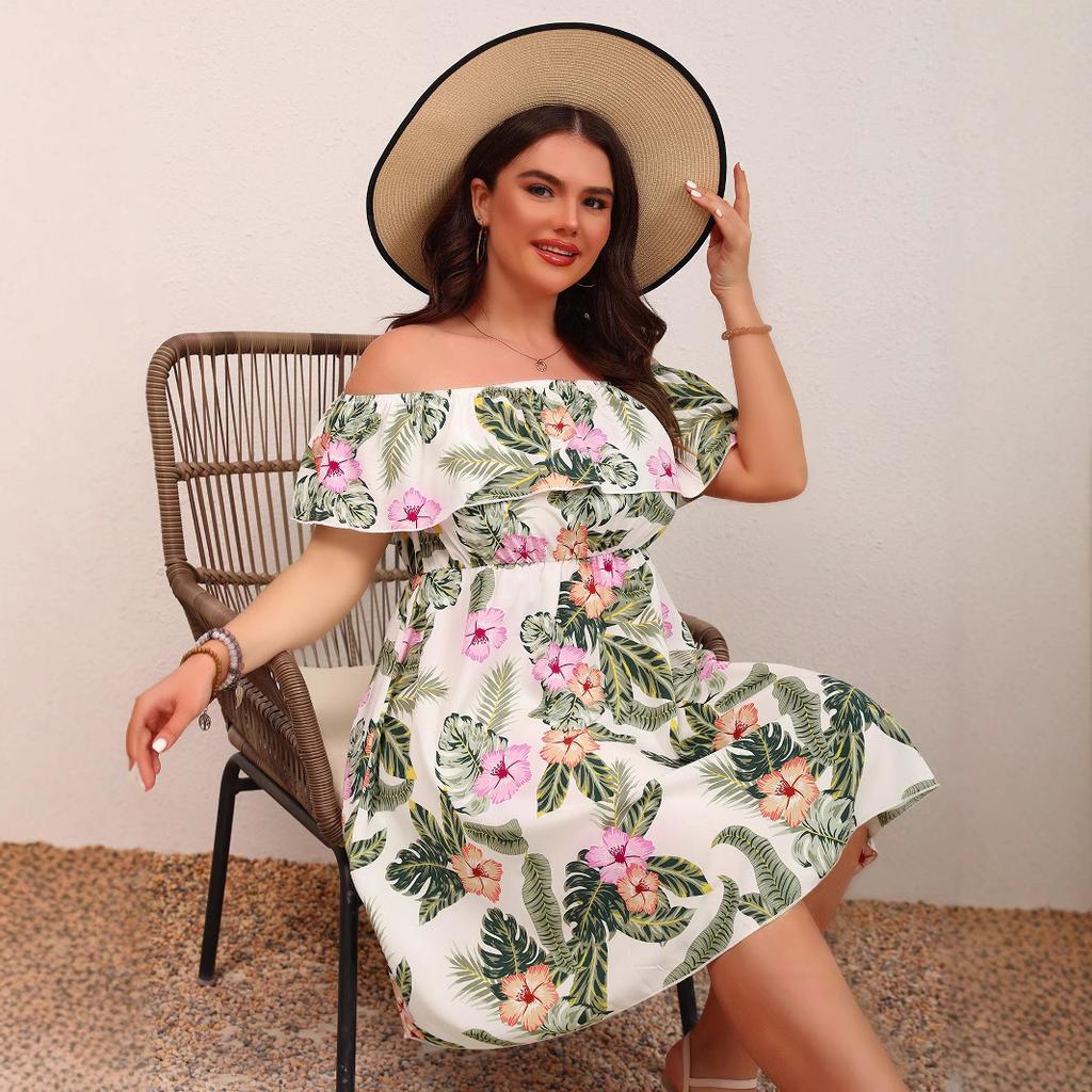 HNXC Summer Women's Wear Features An Elegant and Stylish Printed One-shoulder, Strapless and Waist-cinching Dress