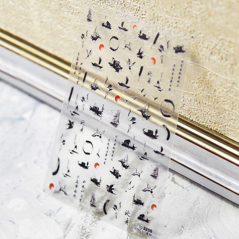 

National Style Boating on the River Nail Stickers Tomoni Thin Tough Best Selling Japanese-Style Retro 2D Black and White Ink Painting Nail Sticker Boating on the River 2256