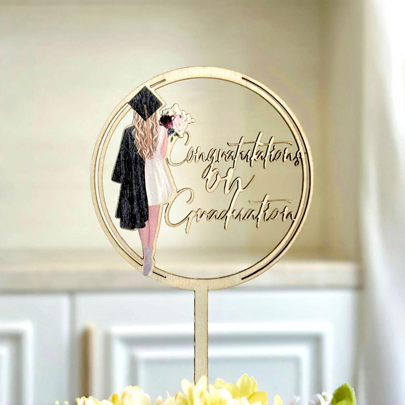 1pcs  Plugin Wooden Graduation Season Party Supplies Color Printed Acrylic Doctoral Gown Back Circular Cake Decoration