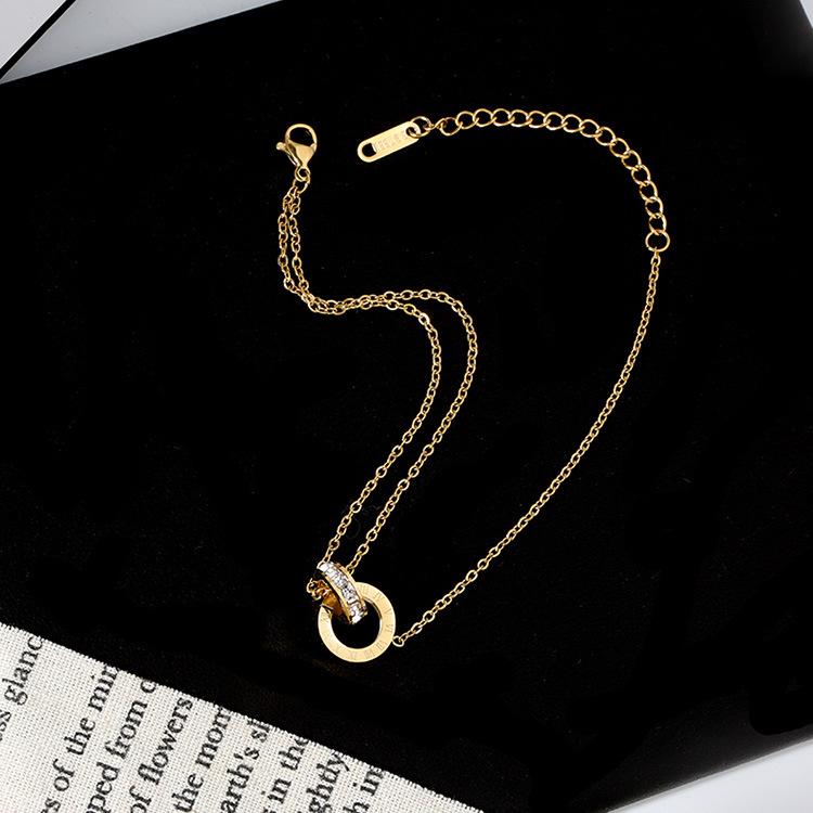 Women's Titanium Steel Double Ring Necklace: Non-Fading, Geometric, Rhinestone Clavicle Chain