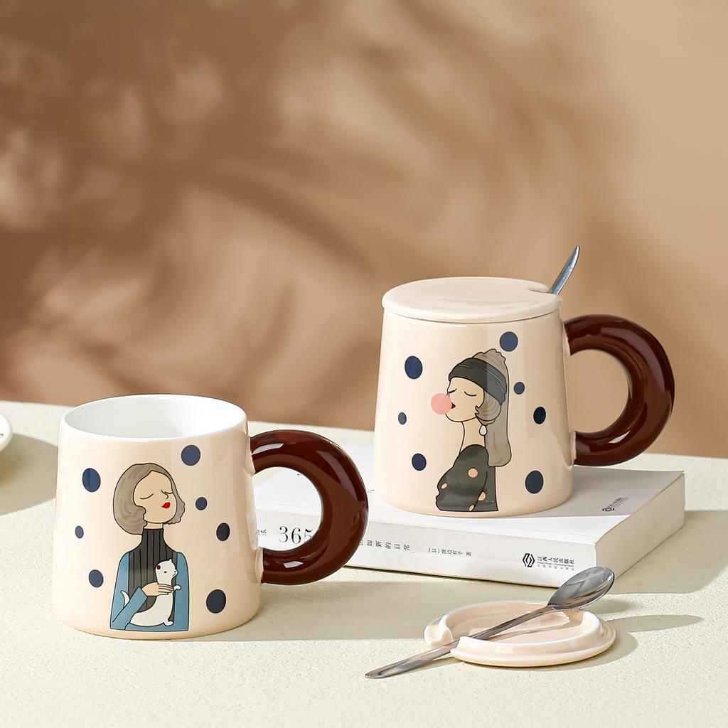 Cartoon Ceramic Cup with Lid Spoon Modern Girl Mug Creative Contrasting Color Breakfast Cup Household Water Cup Couple Cup
